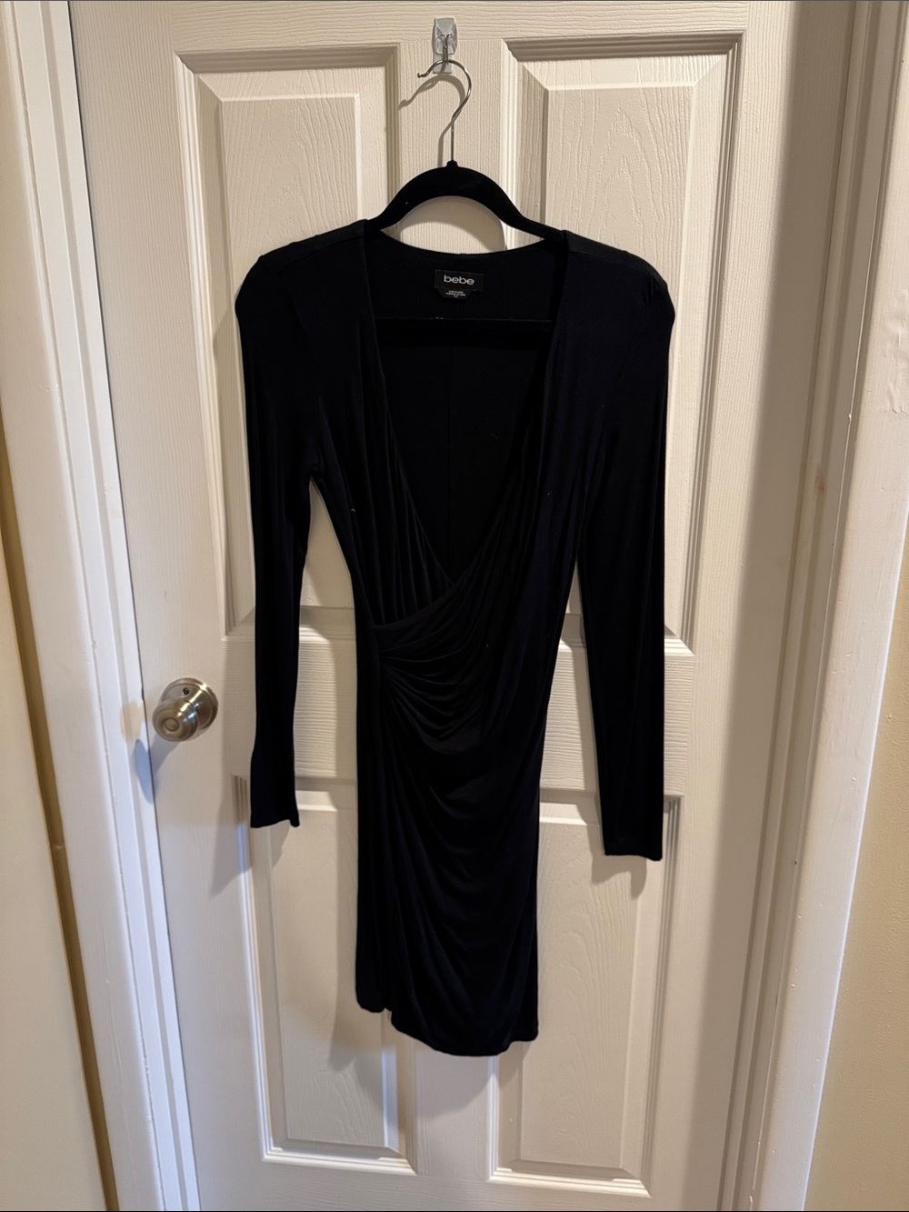 bebe Black Long-Sleeve Draped V-Neck Bodycon Dress size small
